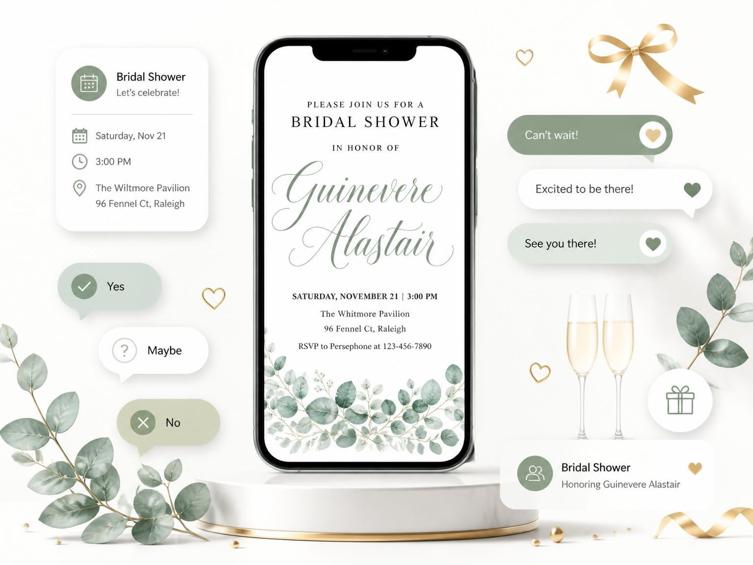The Watercolor Eucalyptus Bridal Shower Invitation invitation on a phone, with guest RSVPs arriving around it