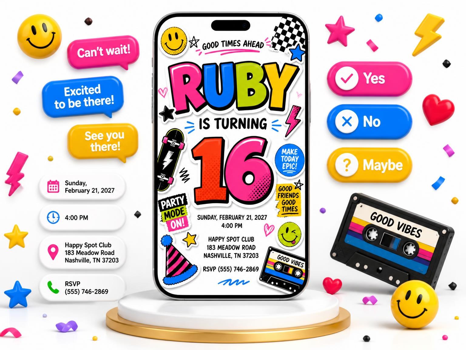 The Sticker Pop 16th Birthday Invitation invitation on a phone, with guest RSVPs arriving around it