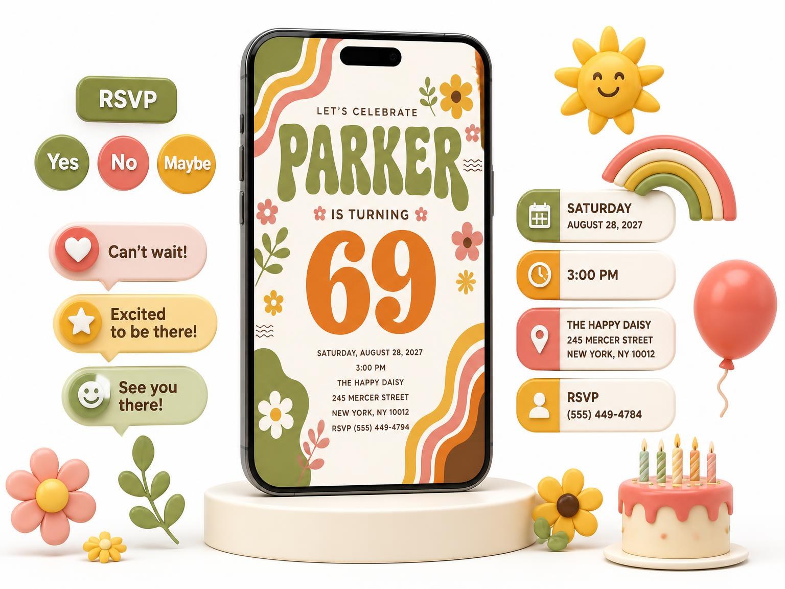 The Groovy Retro 69th Birthday Invitation invitation on a phone, with guest RSVPs arriving around it