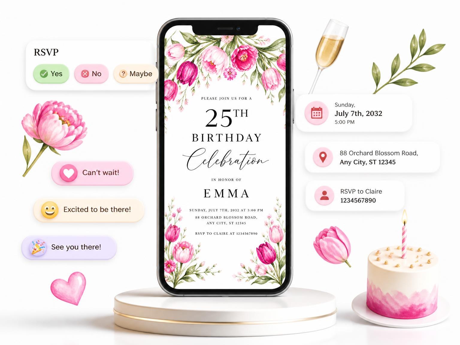 The Fuchsia Floral Arch 25th Birthday Invitation invitation on a phone, with guest RSVPs arriving around it