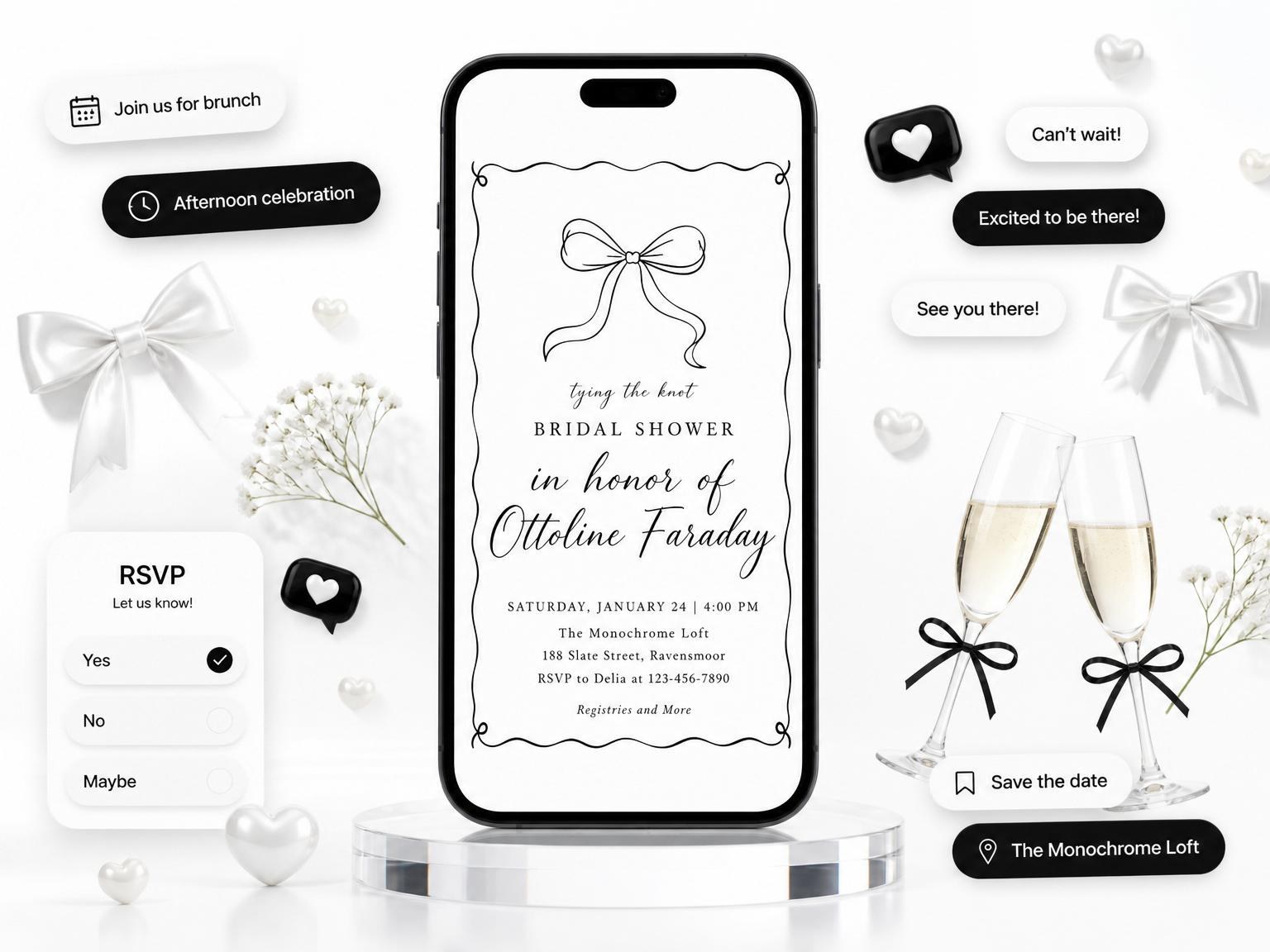 The Minimalist Black and White Bow Bridal Shower invitation on a phone, with guest RSVPs arriving around it
