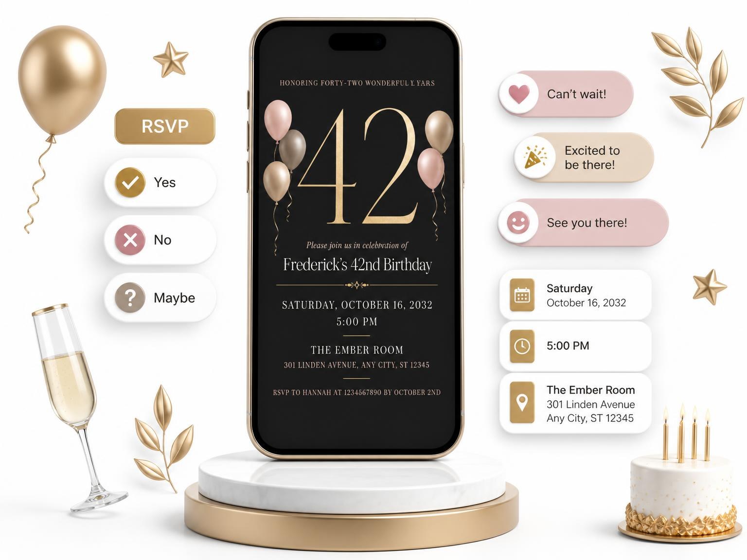 The Charcoal and Blush 42nd Birthday Invitation invitation on a phone, with guest RSVPs arriving around it