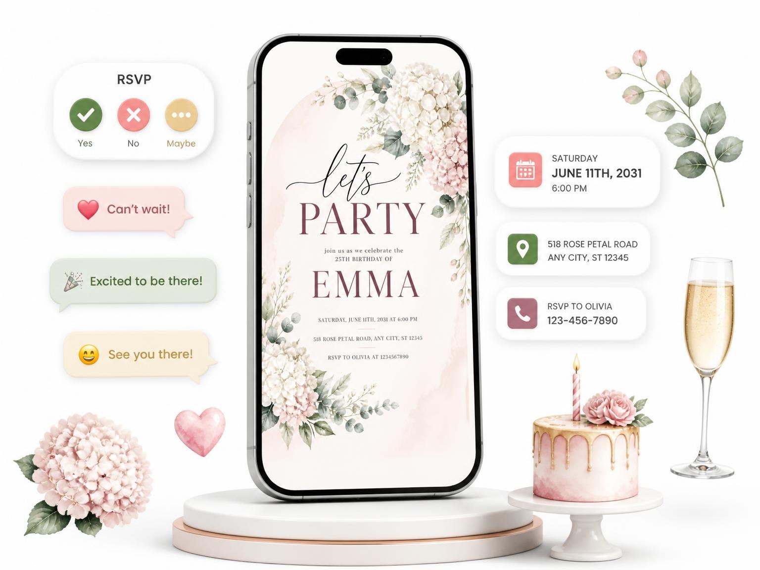 The Arch Backdrop Ivory 25th Birthday Invitation invitation on a phone, with guest RSVPs arriving around it