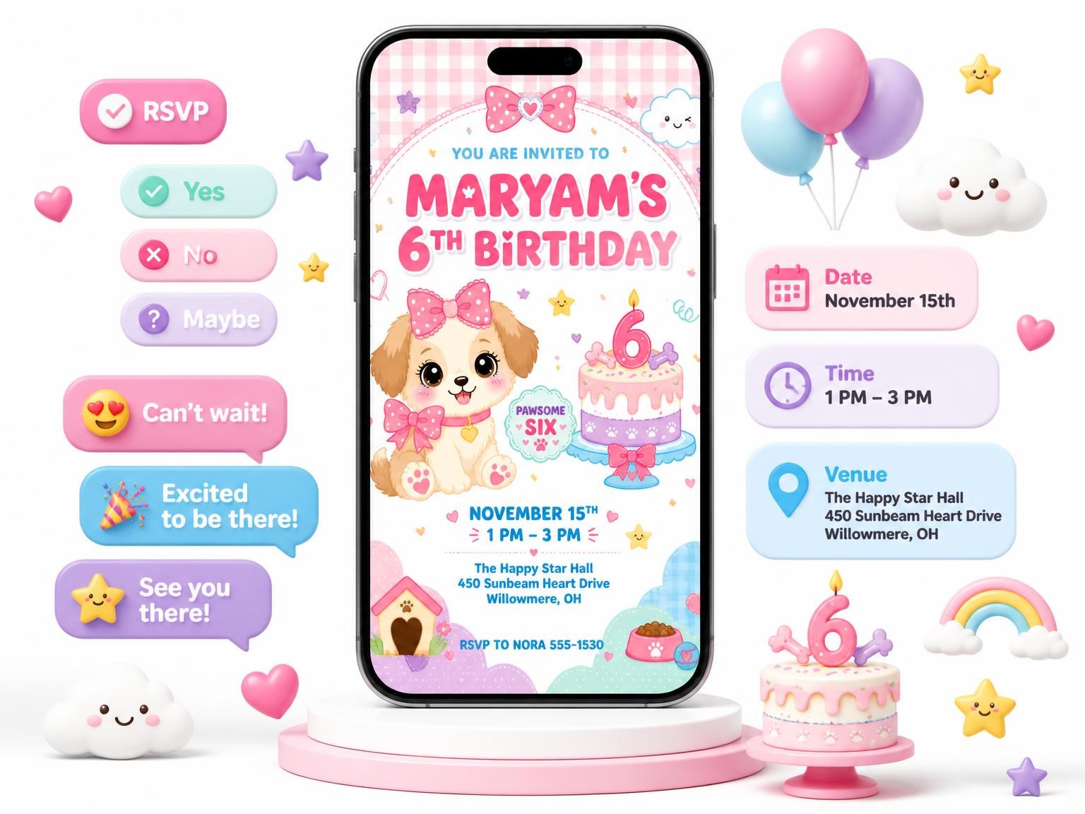 The Kawaii Puppy 6th Birthday Invitation invitation on a phone, with guest RSVPs arriving around it