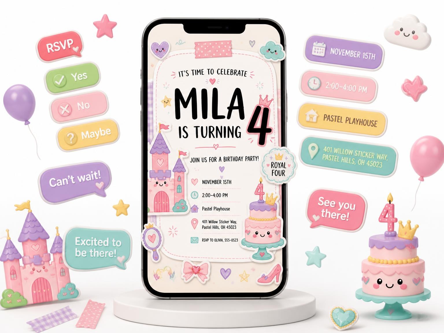 The Castle Pastel Scrapbook 4th Birthday Invitation invitation on a phone, with guest RSVPs arriving around it