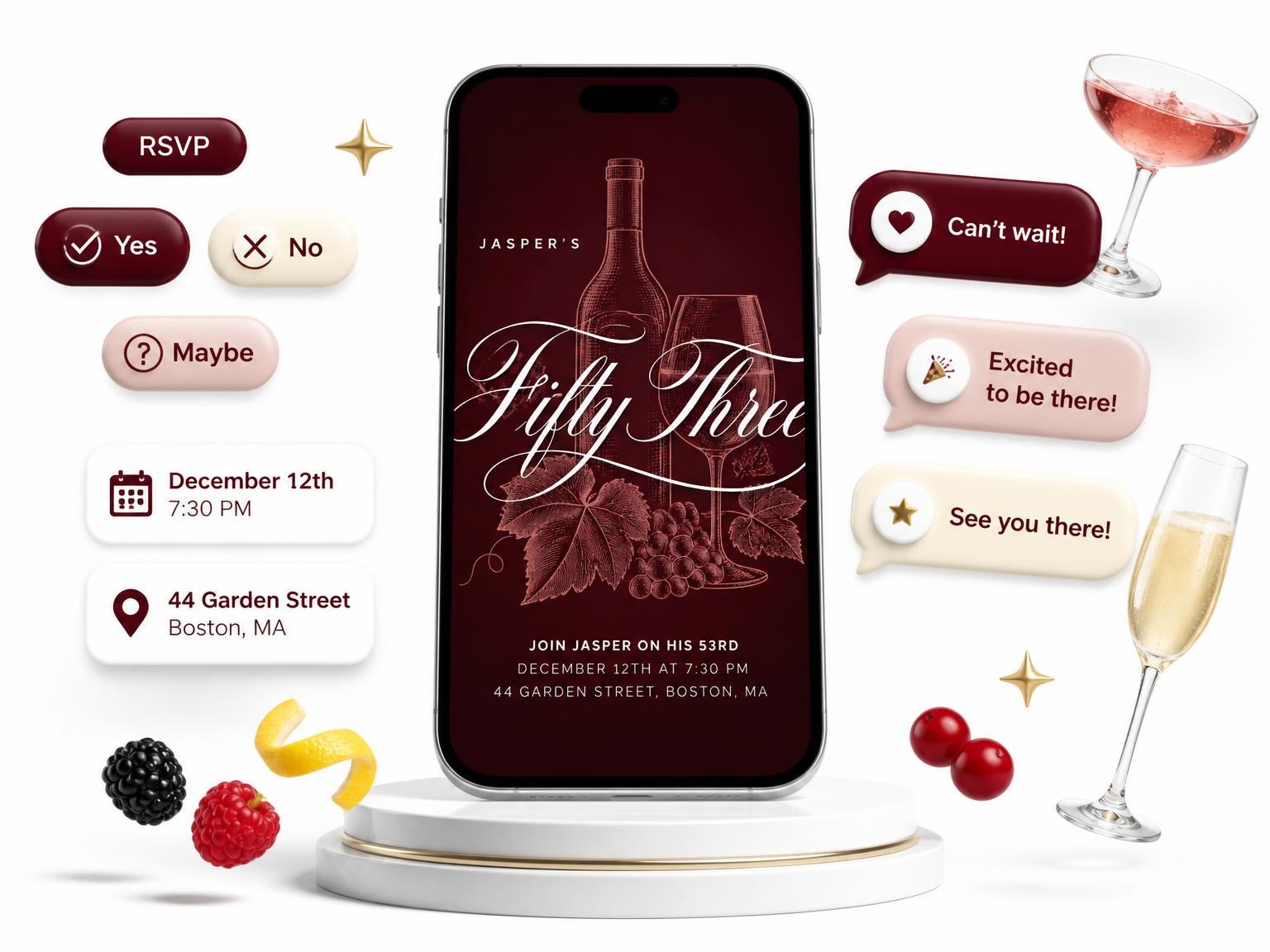 The Burgundy Cocktail 53rd Birthday Invitation invitation on a phone, with guest RSVPs arriving around it