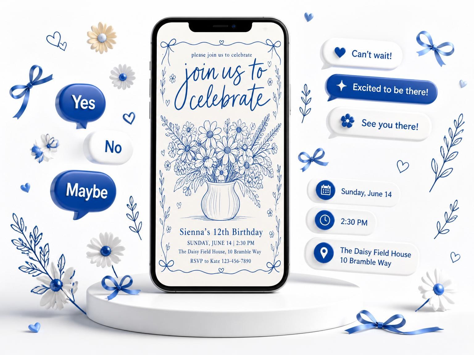 The Blue Ink Daisy Birthday Invitation invitation on a phone, with guest RSVPs arriving around it