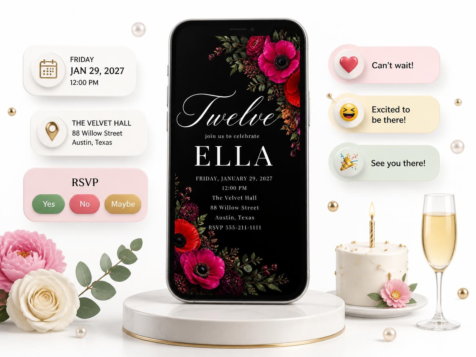 The Black Floral 12th Birthday Invitation invitation on a phone, with guest RSVPs arriving around it