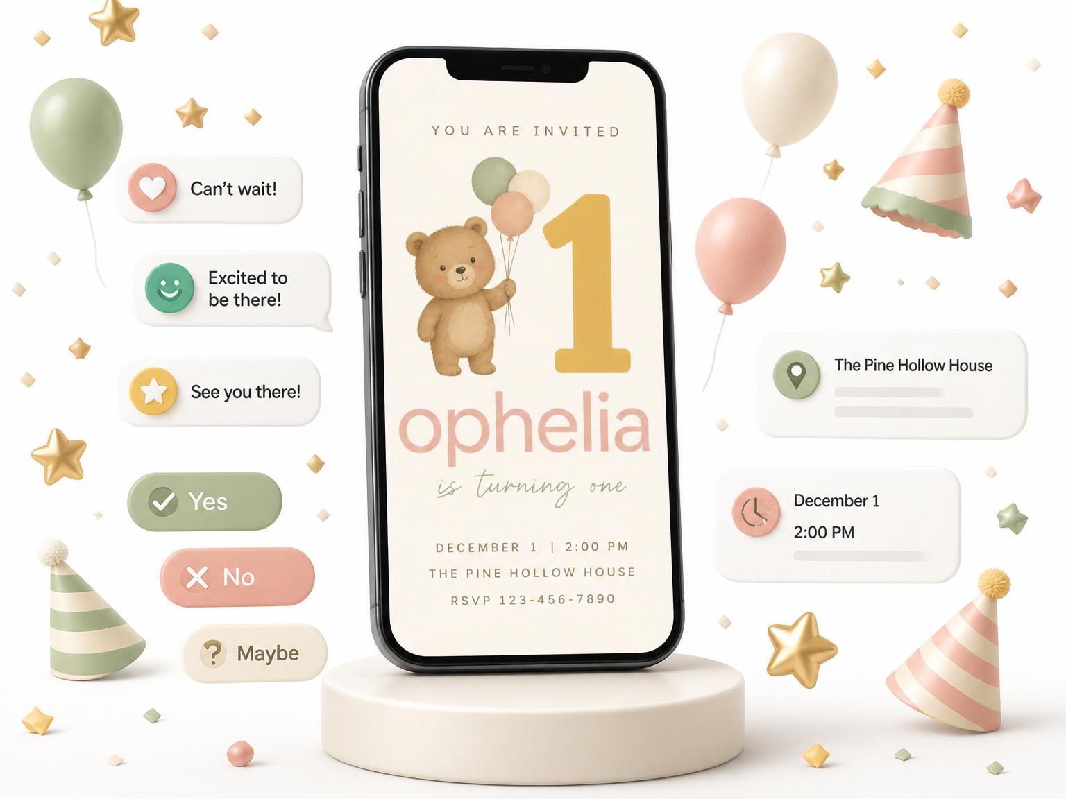The Muted Pastel Teddy Bear 1st Birthday invitation on a phone, with guest RSVPs arriving around it