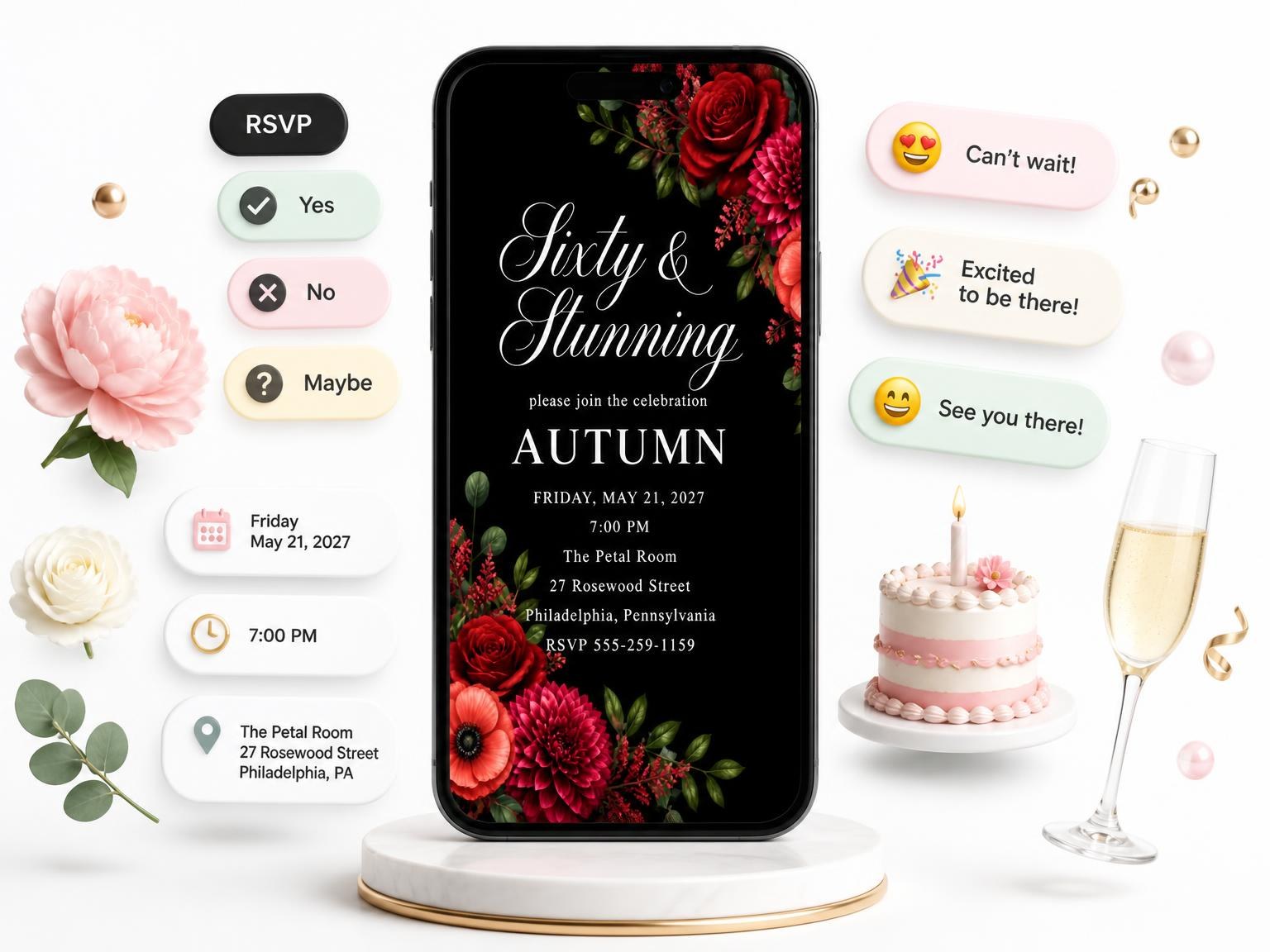 The Black Floral 60th Birthday Invitation invitation on a phone, with guest RSVPs arriving around it