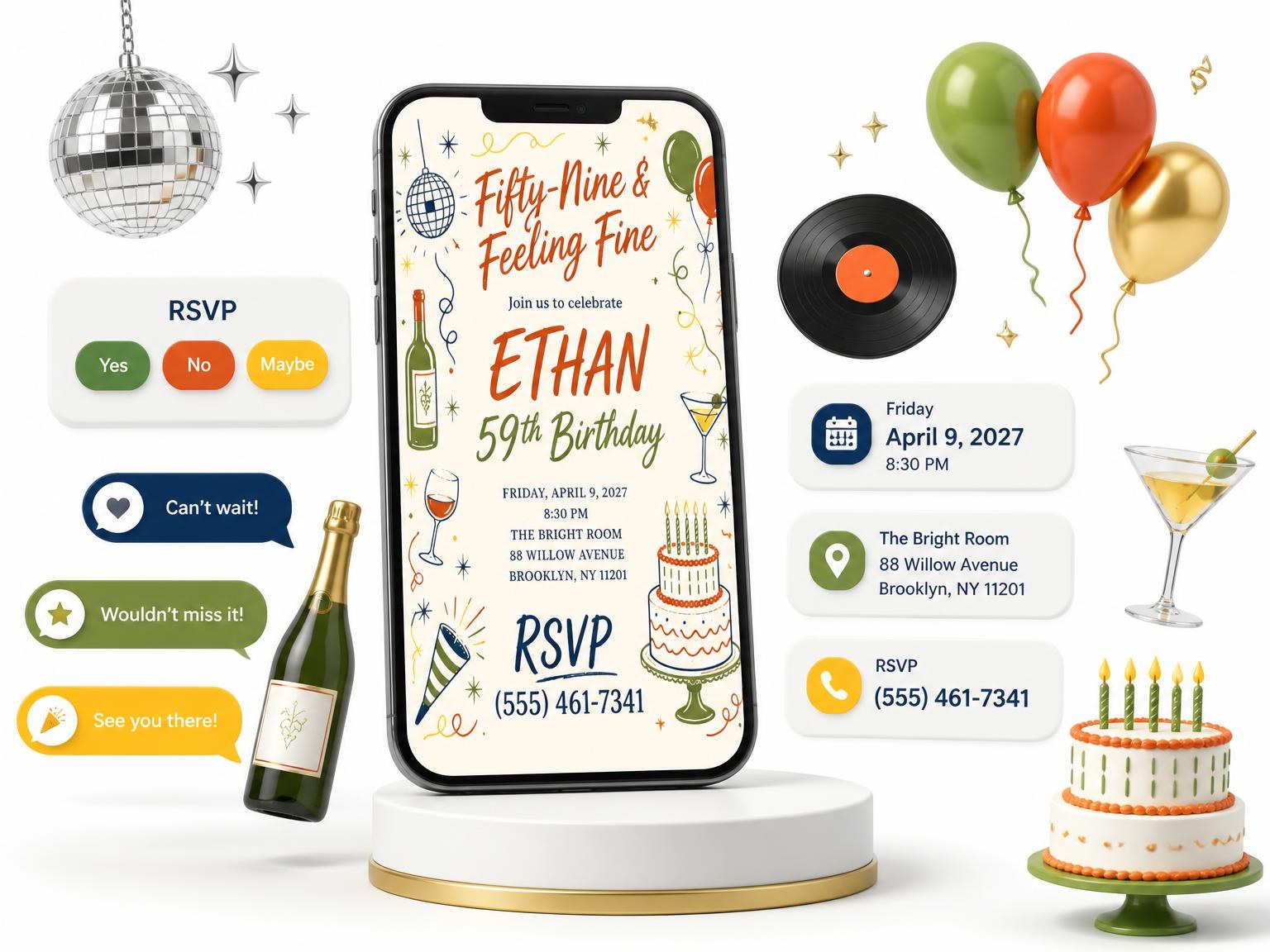 The Retro Doodle 59th Birthday Invitation invitation on a phone, with guest RSVPs arriving around it