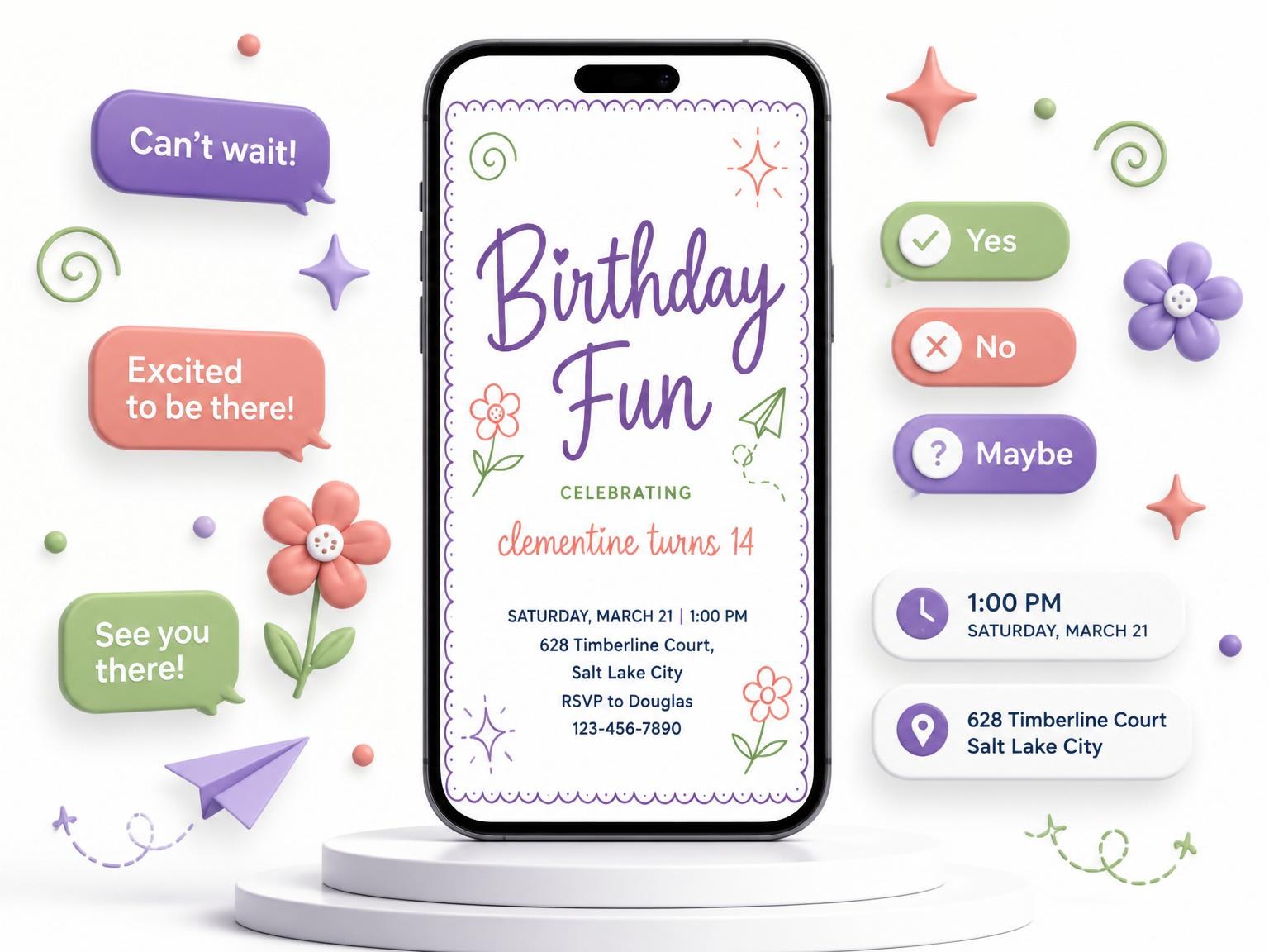 The Doodle Motif Scalloped Edge 14th Birthday invitation on a phone, with guest RSVPs arriving around it