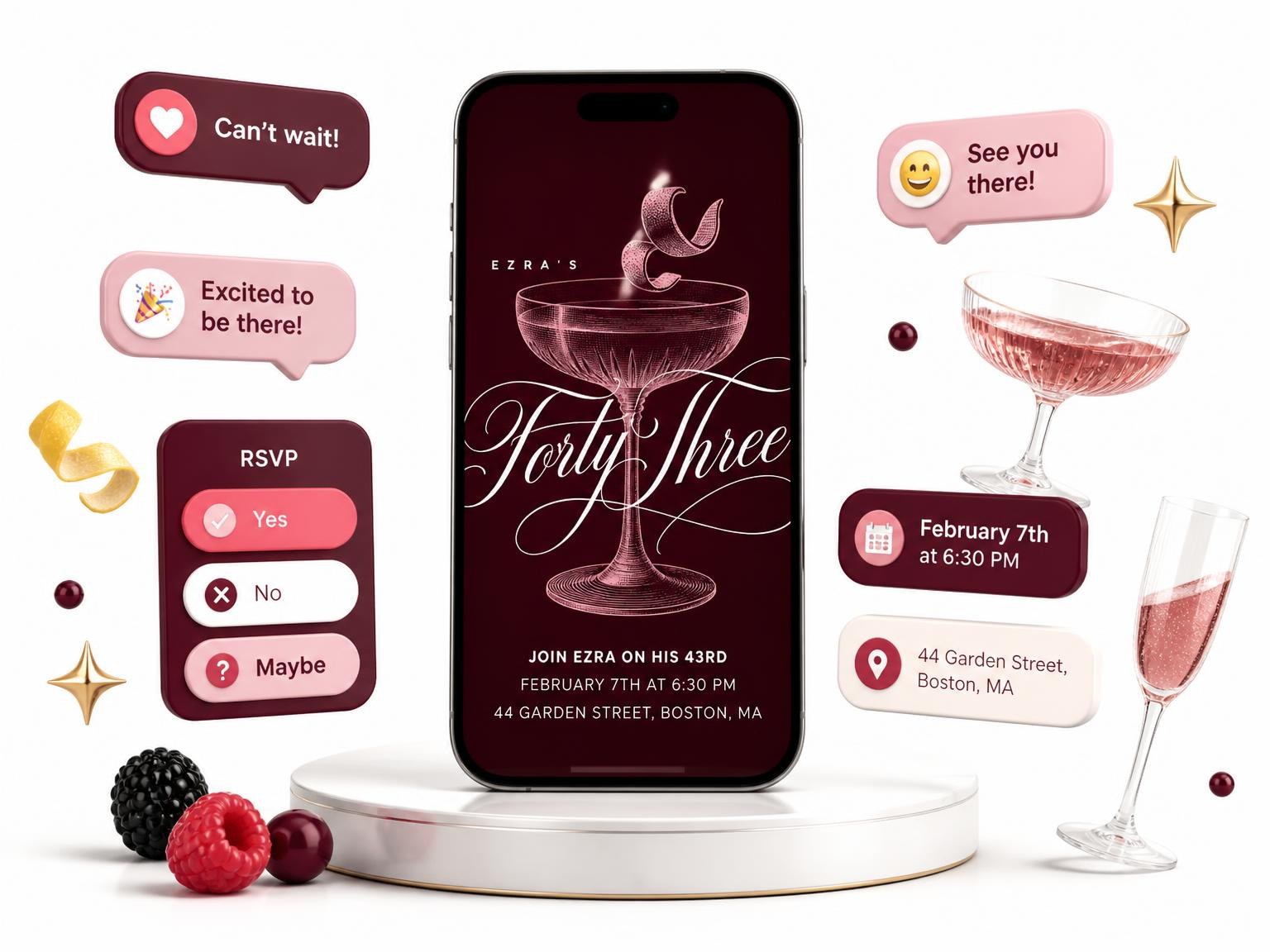 The Burgundy Cocktail 43rd Birthday Invitation invitation on a phone, with guest RSVPs arriving around it