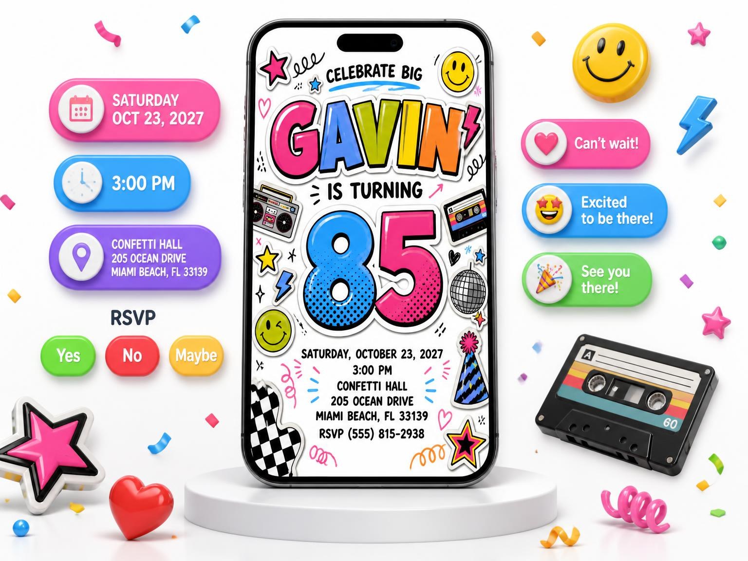 The Sticker Pop 85th Birthday Invitation invitation on a phone, with guest RSVPs arriving around it