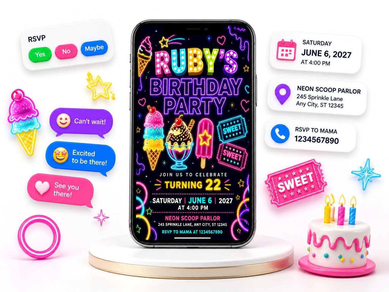 The Neon Ice Cream 22nd Birthday Invitation invitation on a phone, with guest RSVPs arriving around it