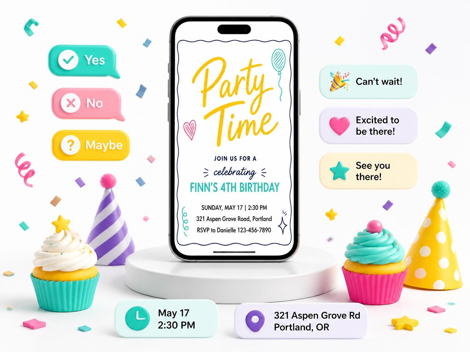 The Doodle Motif Multicolor 4th Birthday Invitation invitation on a phone, with guest RSVPs arriving around it