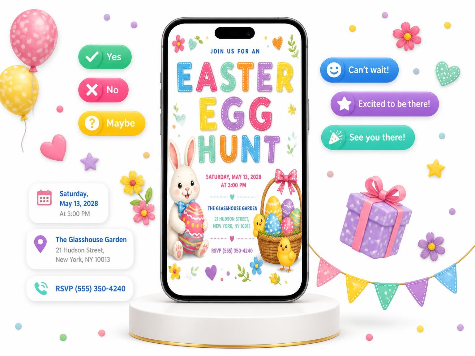 The Easter Bunny Easter Egg Hunt Invitation invitation on a phone, with guest RSVPs arriving around it