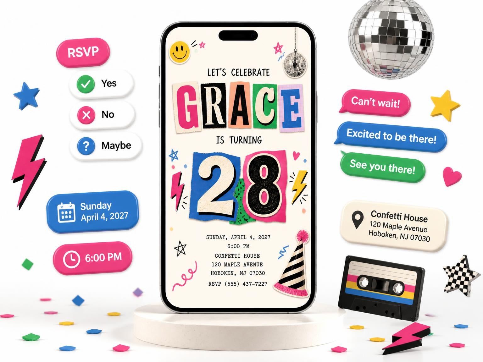 The Retro Paper Collage 28th Birthday Invitation invitation on a phone, with guest RSVPs arriving around it