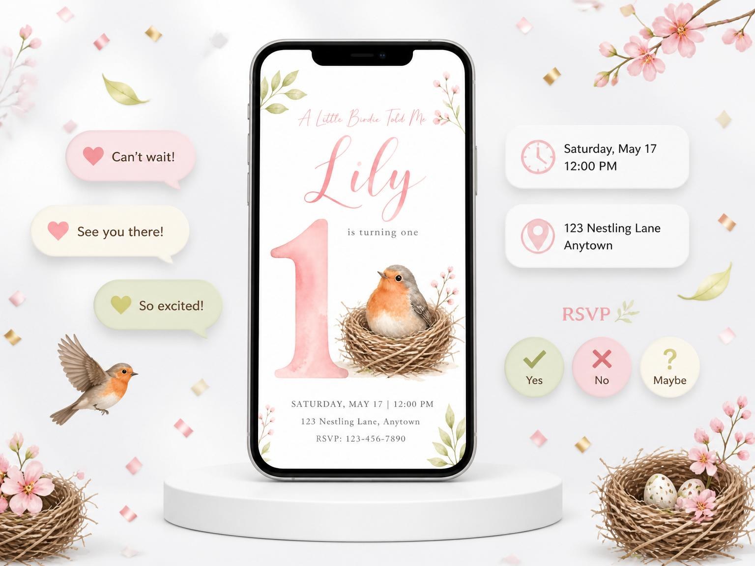 The Watercolor Robin Nest First Birthday invitation on a phone, with guest RSVPs arriving around it