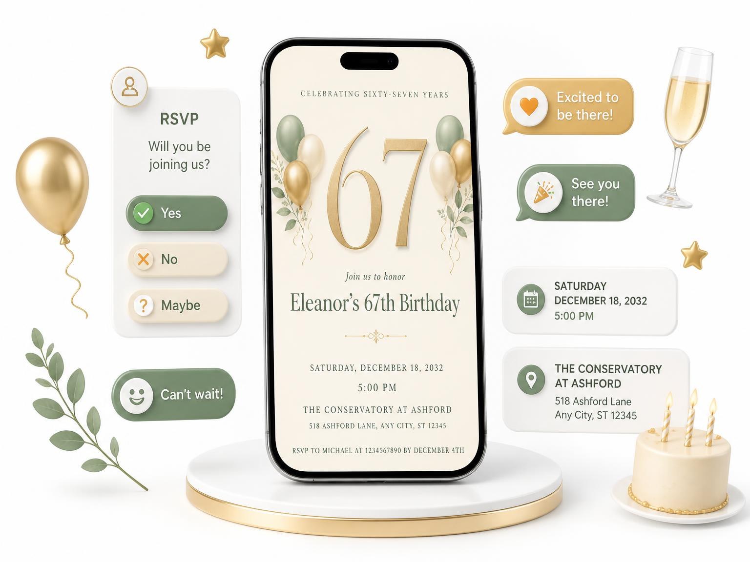 The Sage and Ivory 67th Birthday Invitation invitation on a phone, with guest RSVPs arriving around it