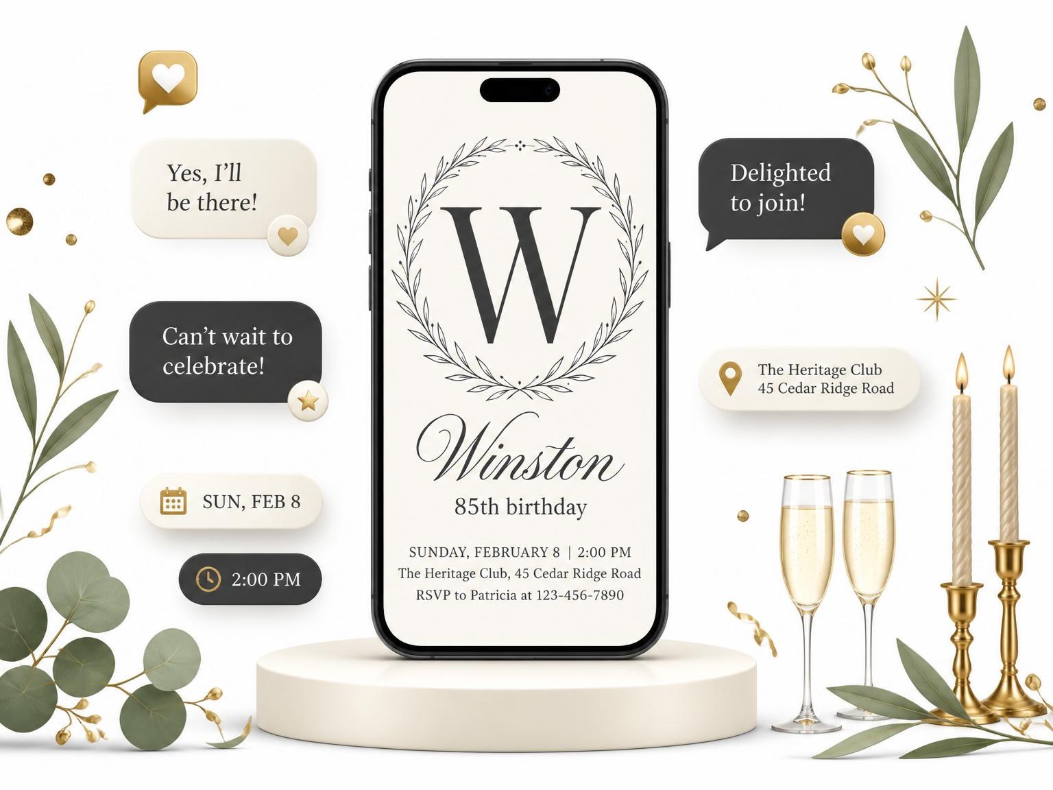 The Monogram Laurel Botanical 85th Birthday Invitation invitation on a phone, with guest RSVPs arriving around it