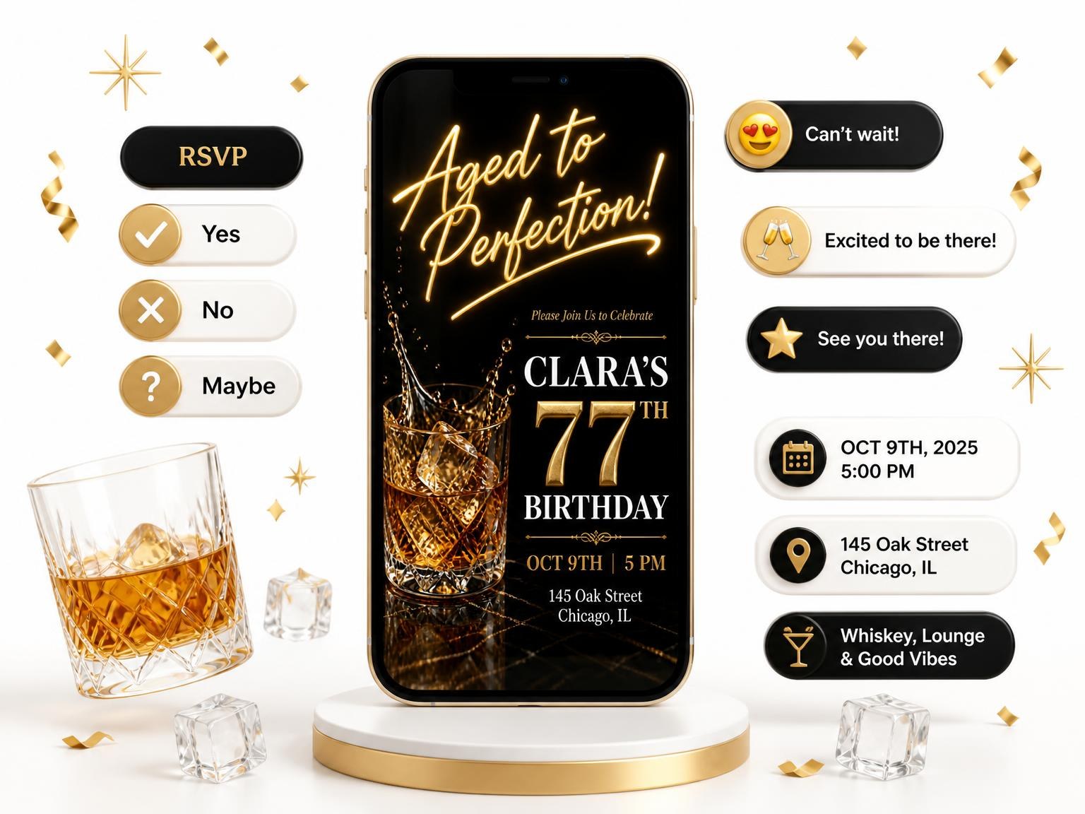 The Whiskey Tumbler 77th Birthday Invitation invitation on a phone, with guest RSVPs arriving around it
