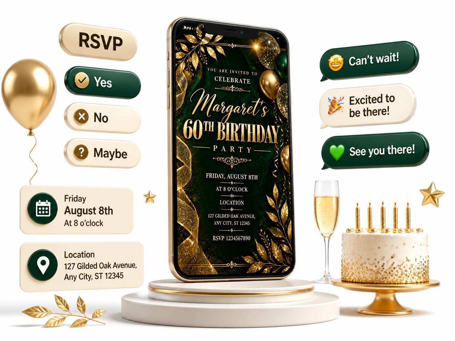 The Emerald and Champagne 60th Birthday Invitation invitation on a phone, with guest RSVPs arriving around it