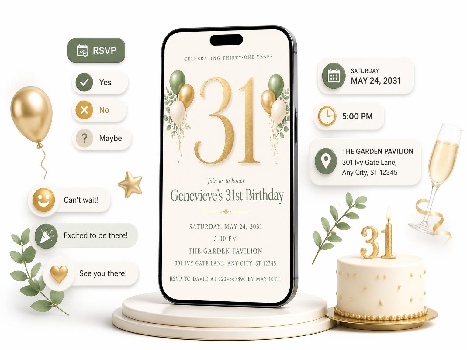 The Sage and Ivory 31st Birthday Invitation invitation on a phone, with guest RSVPs arriving around it