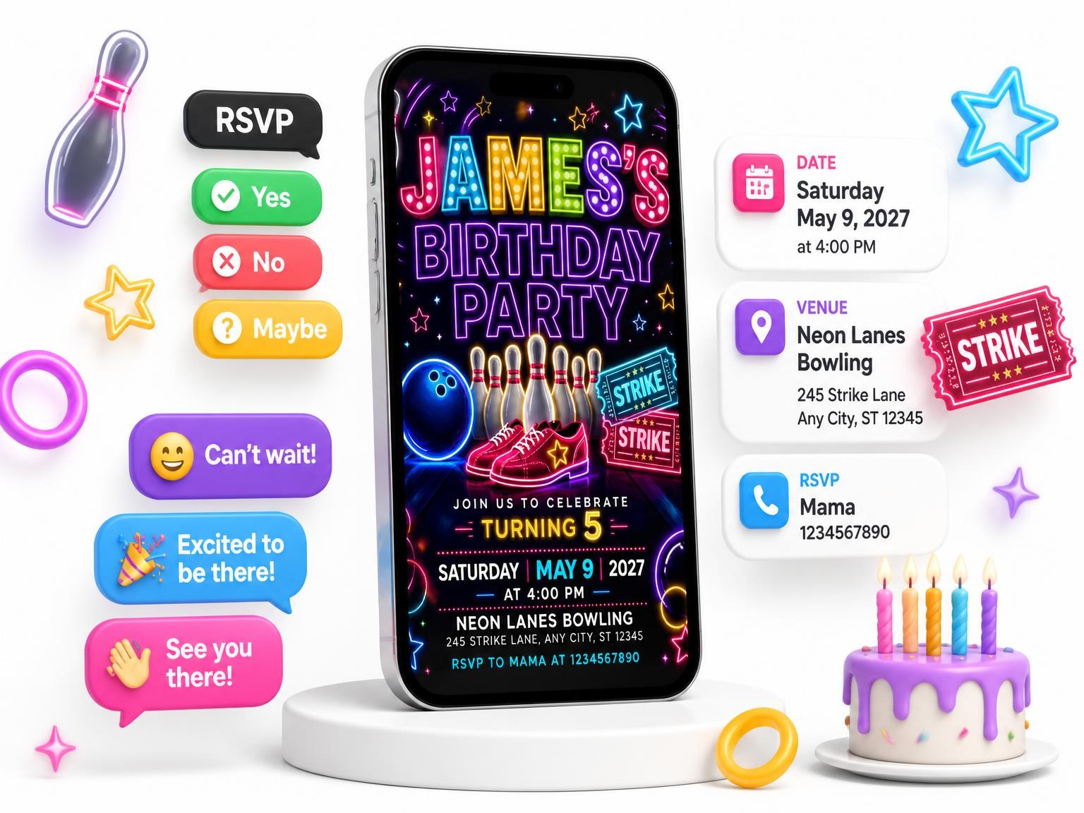 The Neon Bowling 5th Birthday Invitation invitation on a phone, with guest RSVPs arriving around it