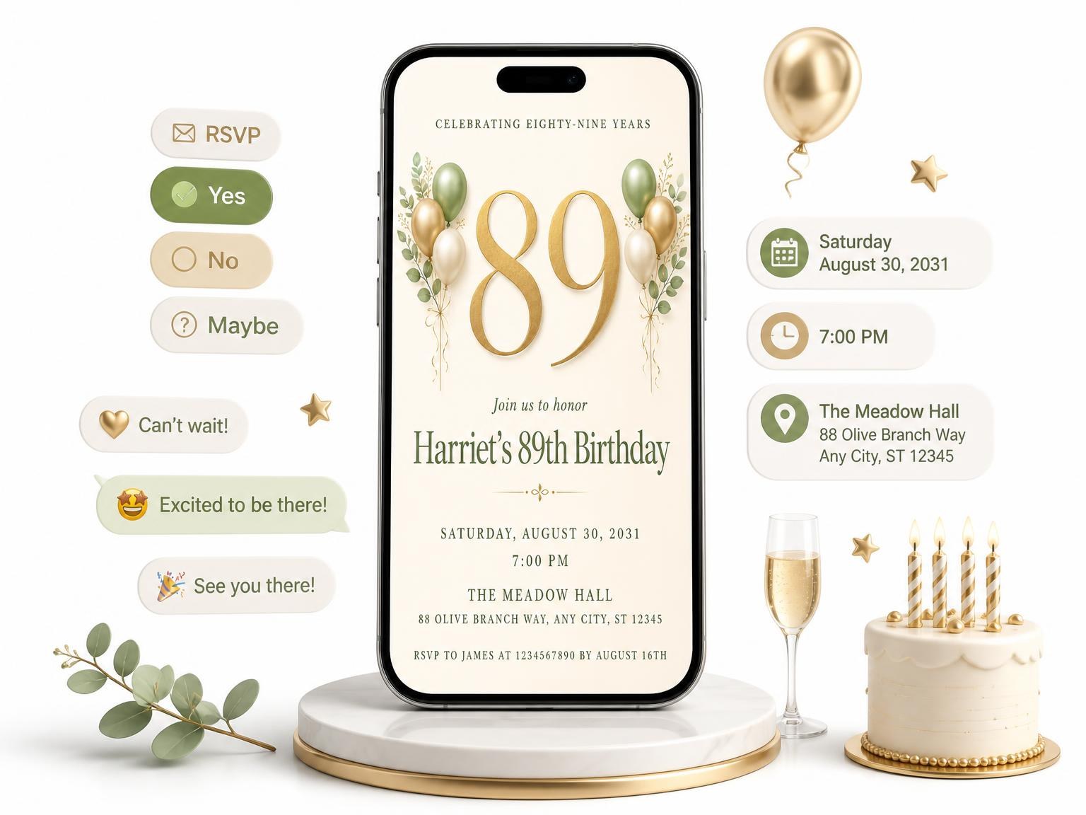 The Sage and Ivory 89th Birthday Invitation invitation on a phone, with guest RSVPs arriving around it
