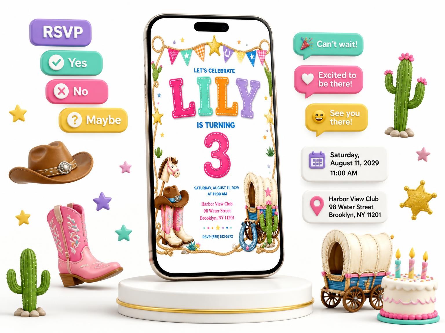 The Stitched Cowboy 3rd Birthday Invitation invitation on a phone, with guest RSVPs arriving around it