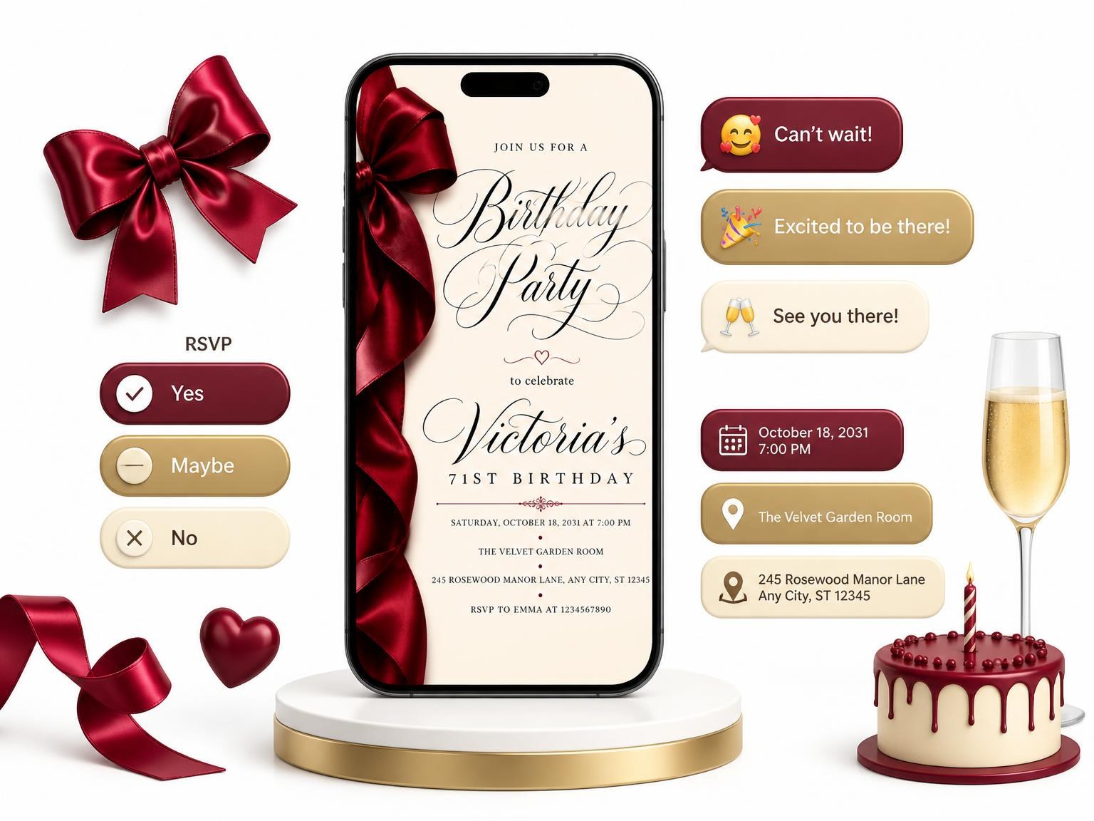 The Burgundy Satin Bow 71st Birthday Invitation invitation on a phone, with guest RSVPs arriving around it