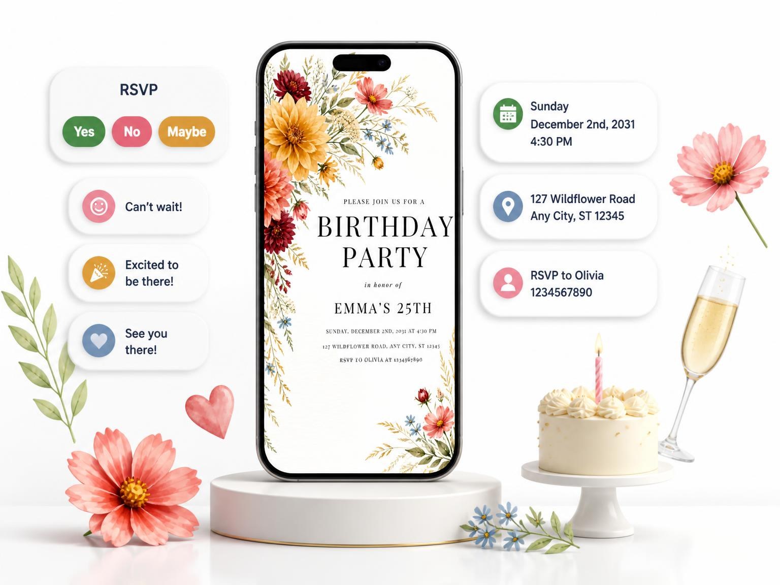 The Floral Bouquet Golden 25th Birthday Invitation invitation on a phone, with guest RSVPs arriving around it