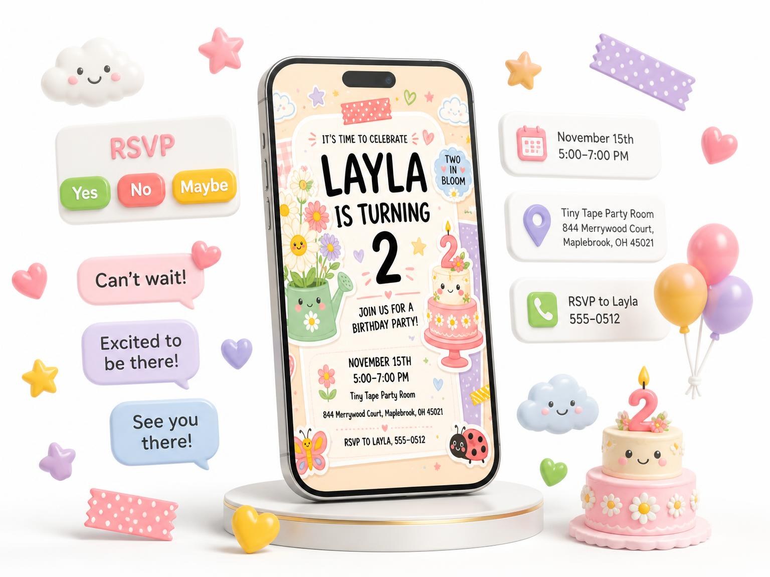 The Garden Critters Pastel 2nd Birthday Invitation invitation on a phone, with guest RSVPs arriving around it