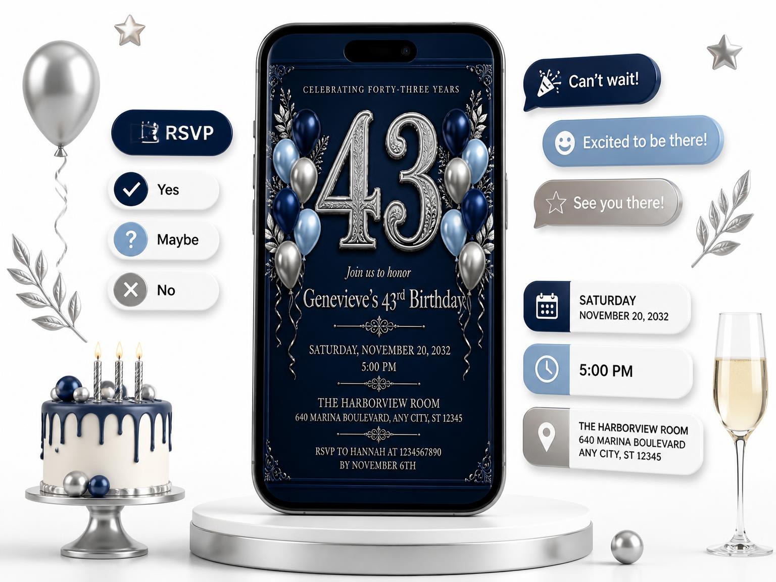 The Navy and Silver 43rd Birthday Invitation invitation on a phone, with guest RSVPs arriving around it
