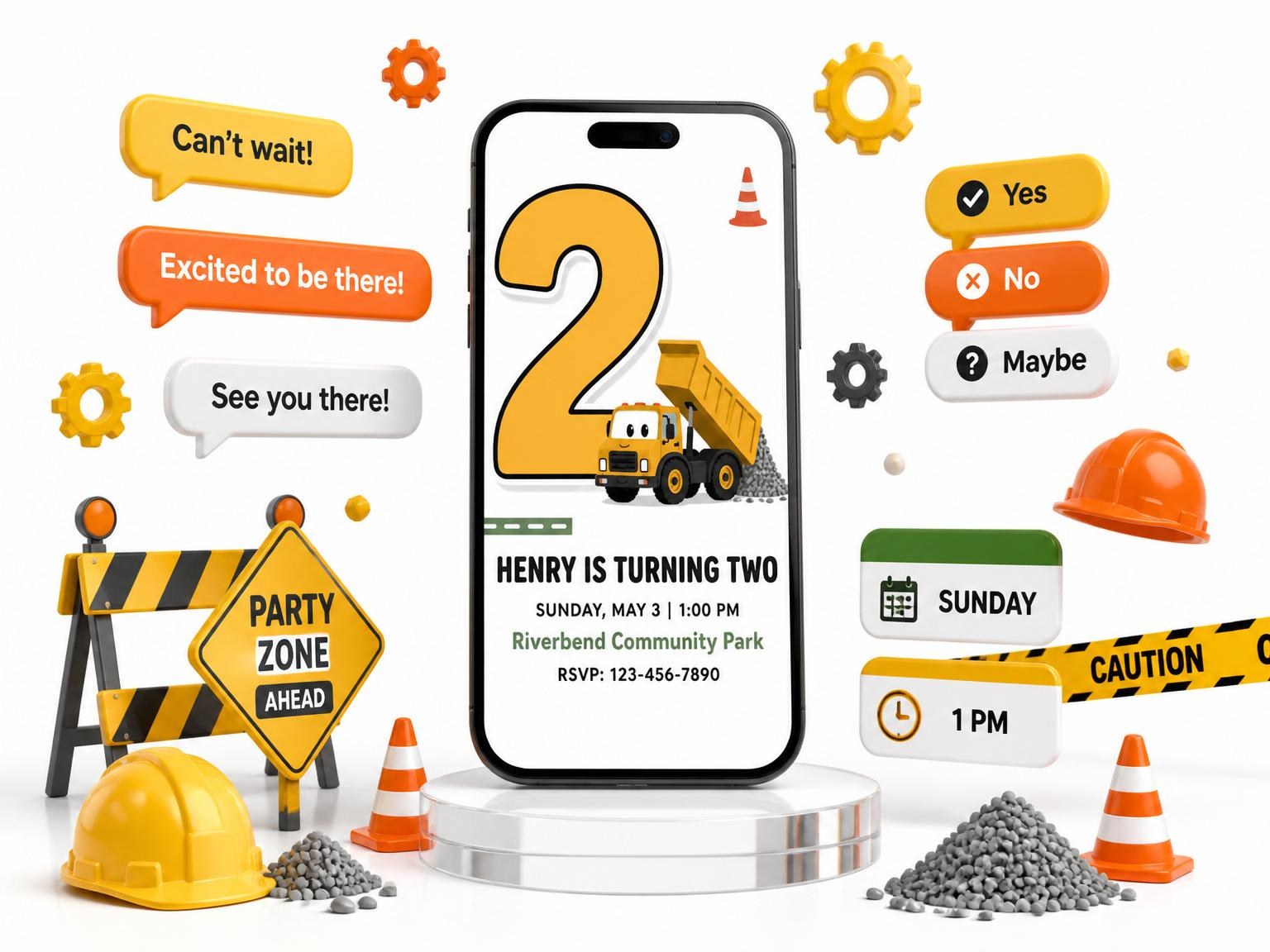 The Cartoon Construction Truck 2nd Birthday invitation on a phone, with guest RSVPs arriving around it