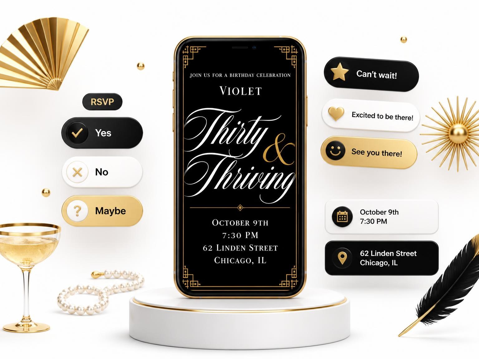 The Art Deco 30th Birthday Invitation invitation on a phone, with guest RSVPs arriving around it