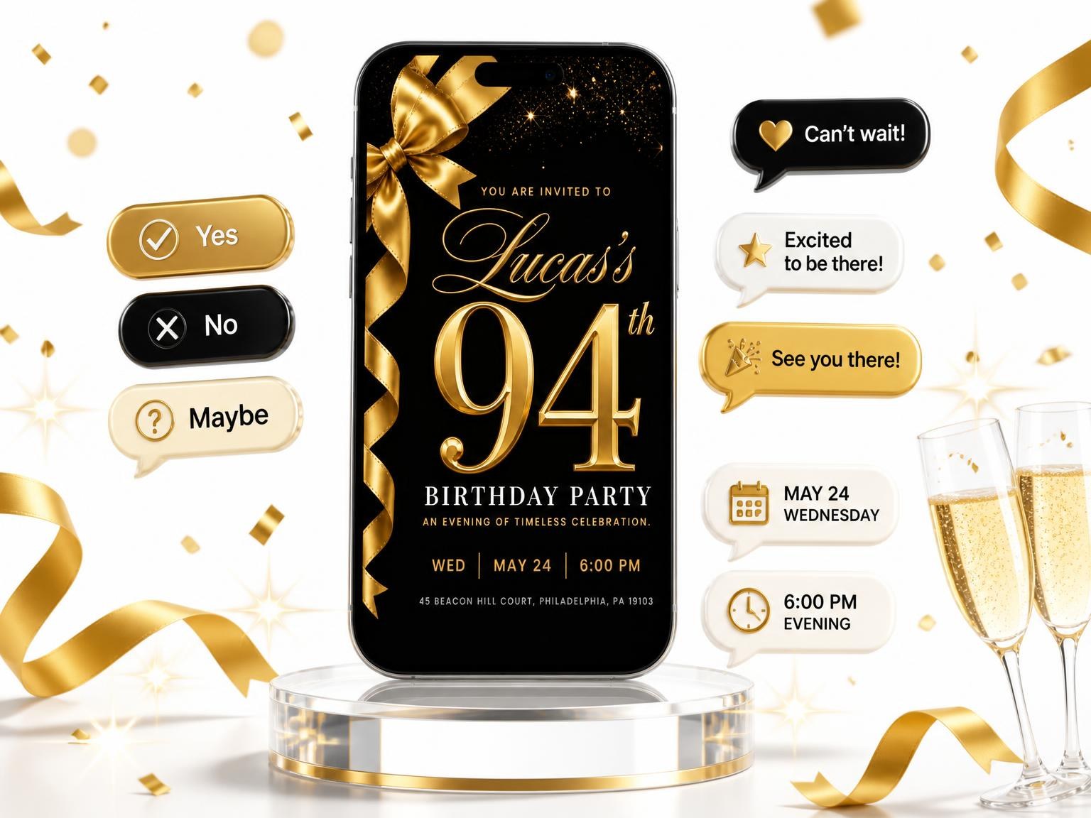 The Black and Gold Ribbon 94th Birthday invitation on a phone, with guest RSVPs arriving around it