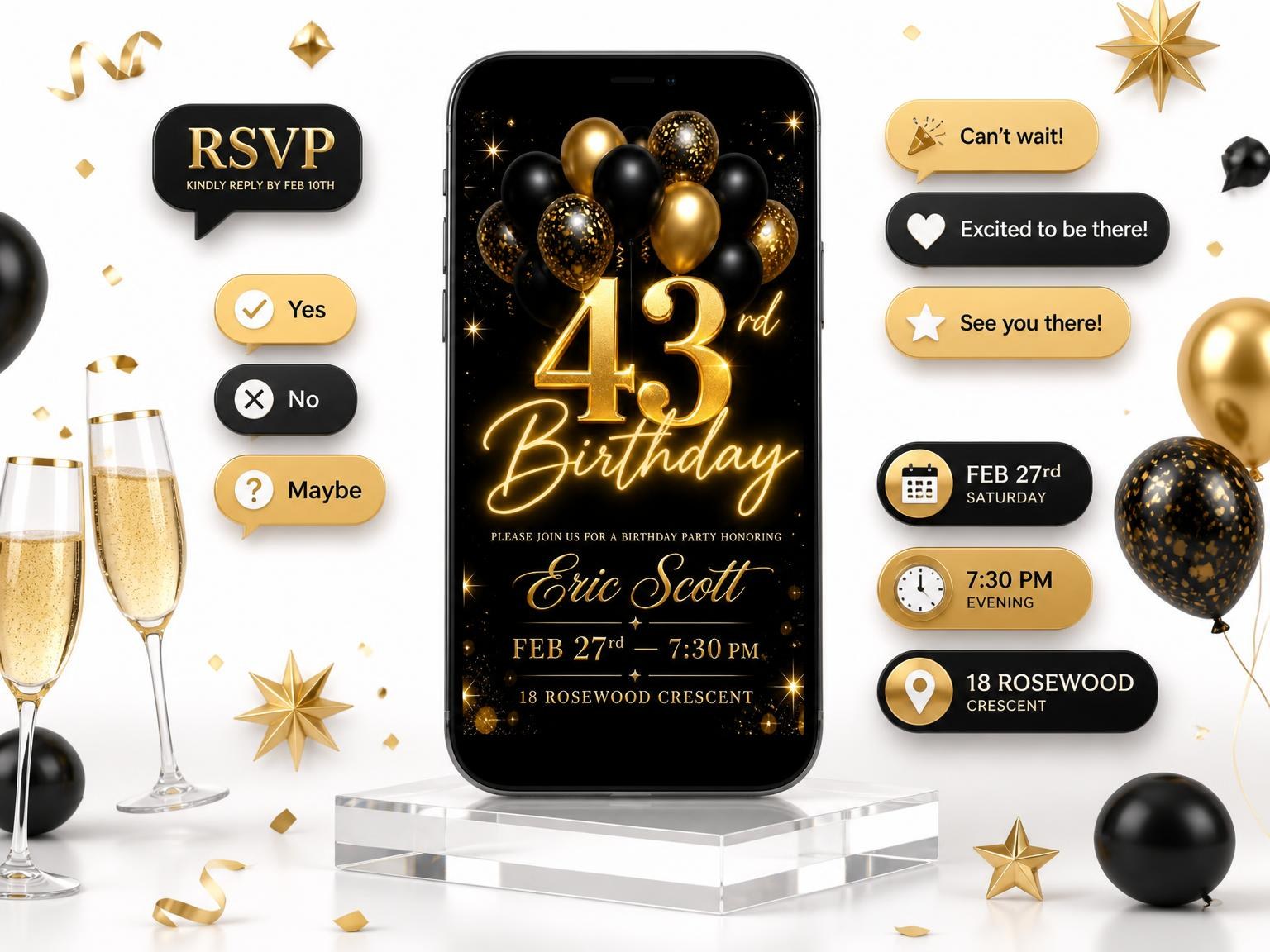 The Black and Gold Balloon 43rd Birthday invitation on a phone, with guest RSVPs arriving around it
