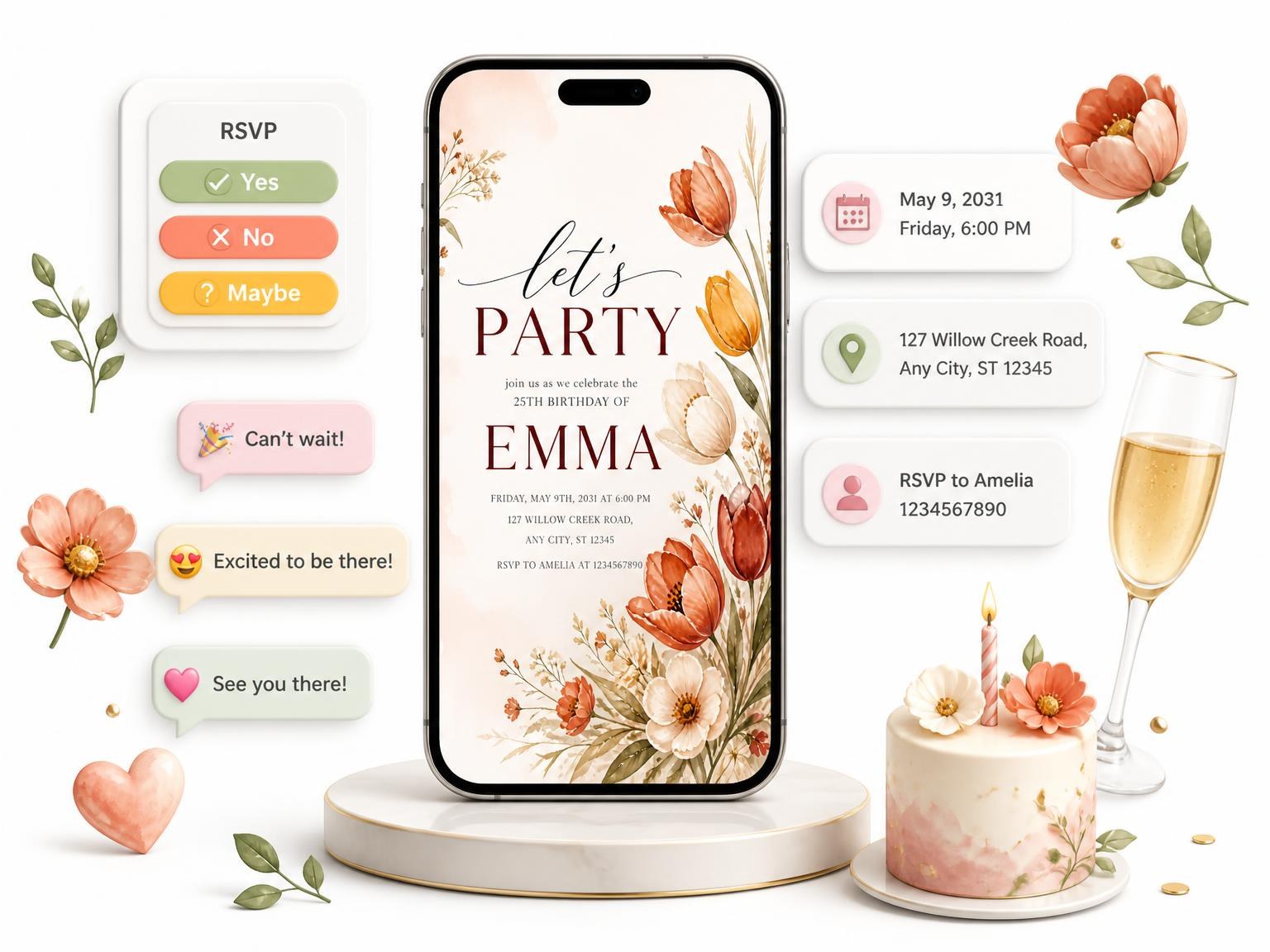 The Botanical Bouquet 25th Birthday Invitation invitation on a phone, with guest RSVPs arriving around it