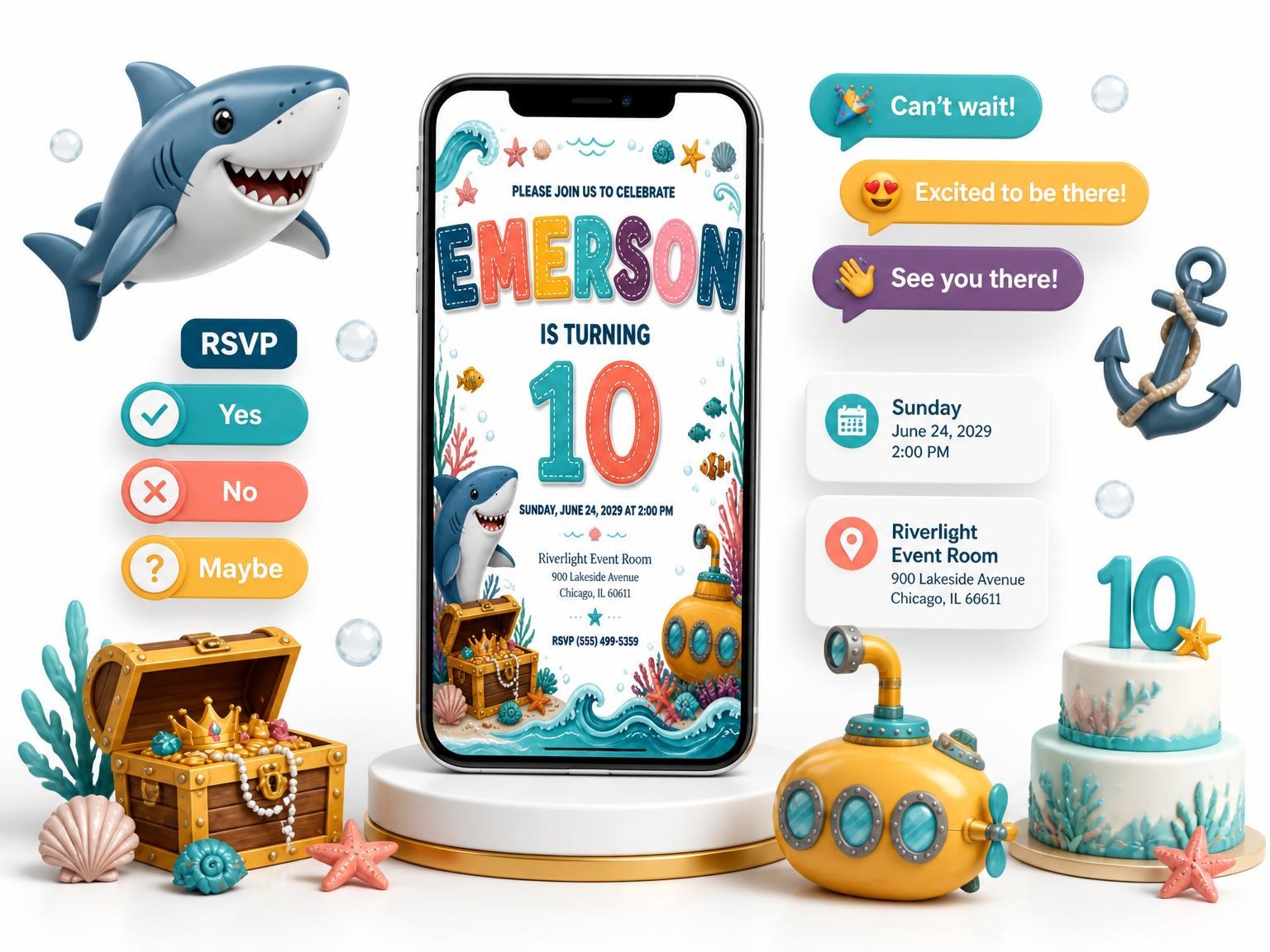The Stitched Shark 10th Birthday Invitation invitation on a phone, with guest RSVPs arriving around it