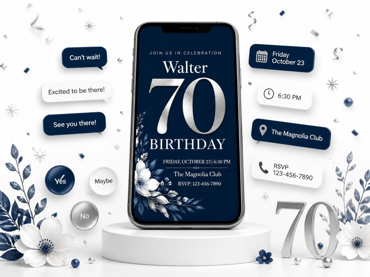 The Navy Silver Floral 70th Birthday invitation on a phone, with guest RSVPs arriving around it