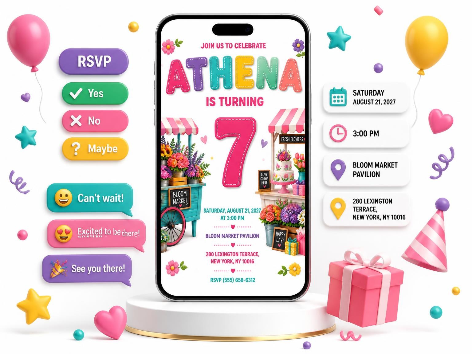 The Floral 7th Birthday Invitation invitation on a phone, with guest RSVPs arriving around it