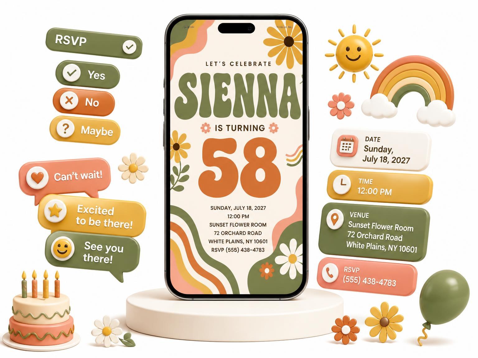 The Groovy Retro 58th Birthday Invitation invitation on a phone, with guest RSVPs arriving around it