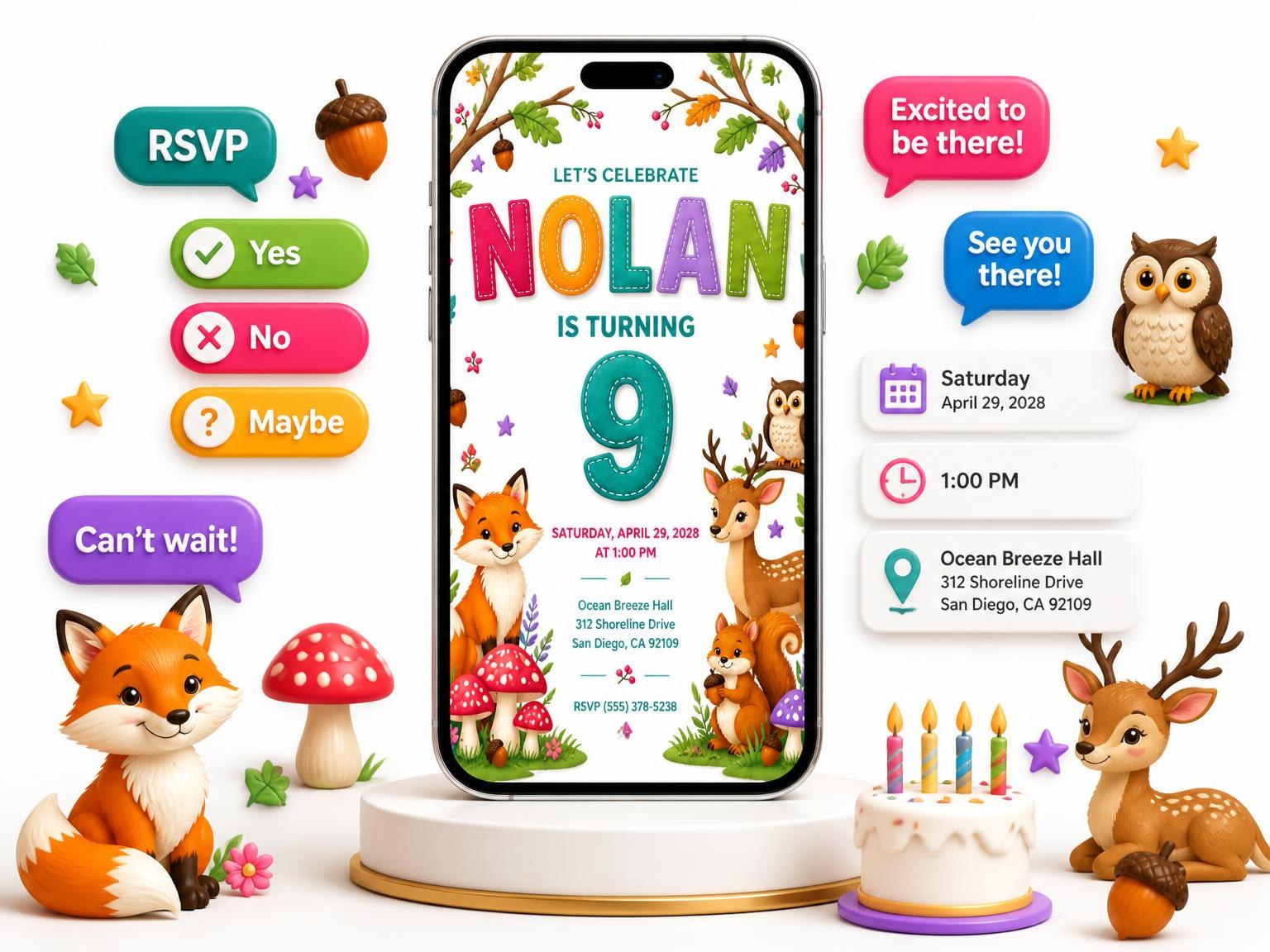 The Stitched Woodland 9th Birthday Invitation invitation on a phone, with guest RSVPs arriving around it