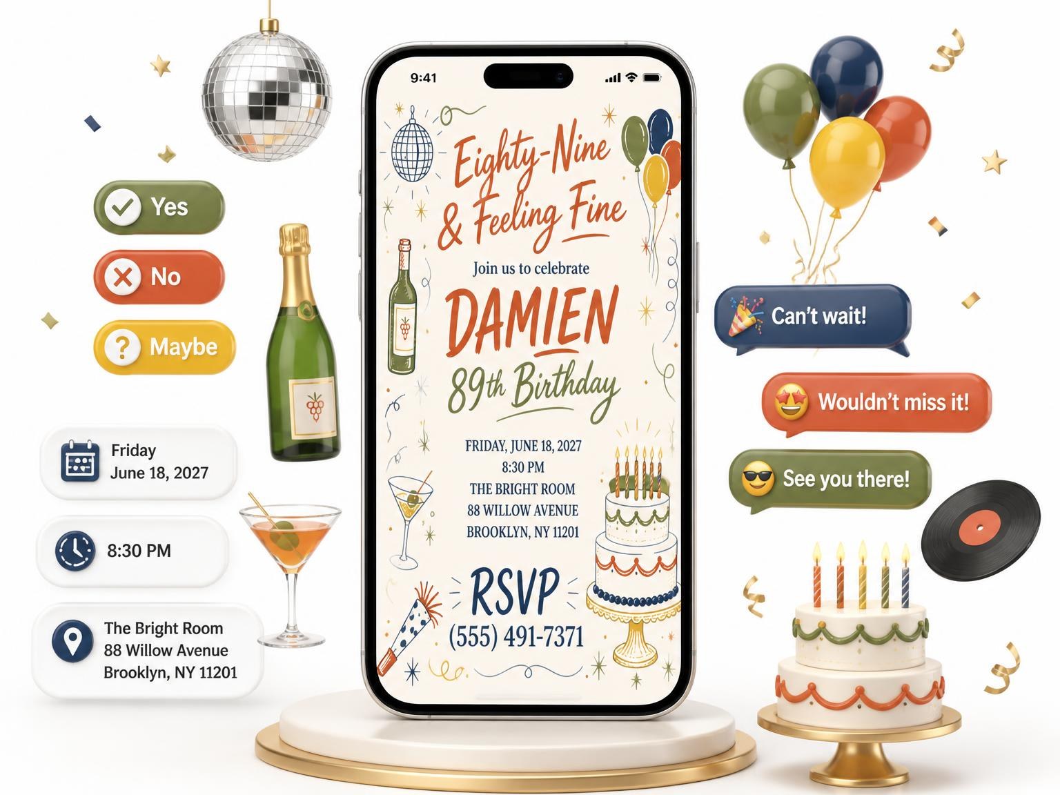 The Retro Doodle 89th Birthday Invitation invitation on a phone, with guest RSVPs arriving around it