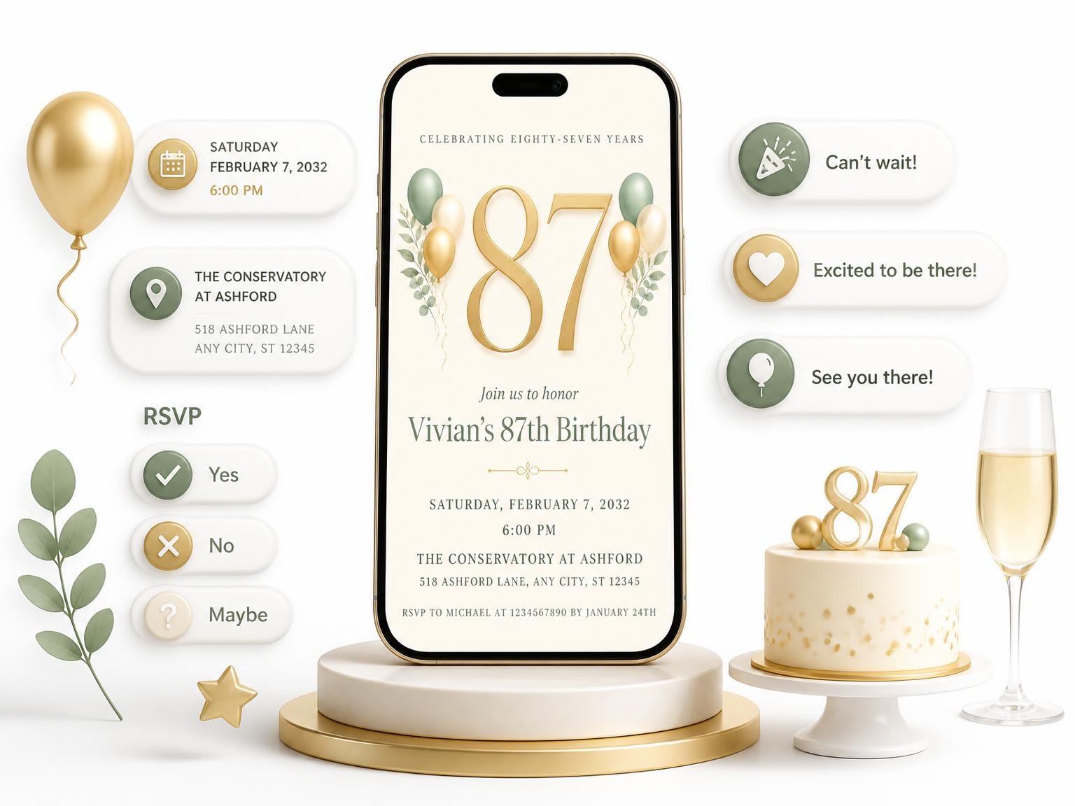 The Sage and Ivory 87th Birthday Invitation invitation on a phone, with guest RSVPs arriving around it