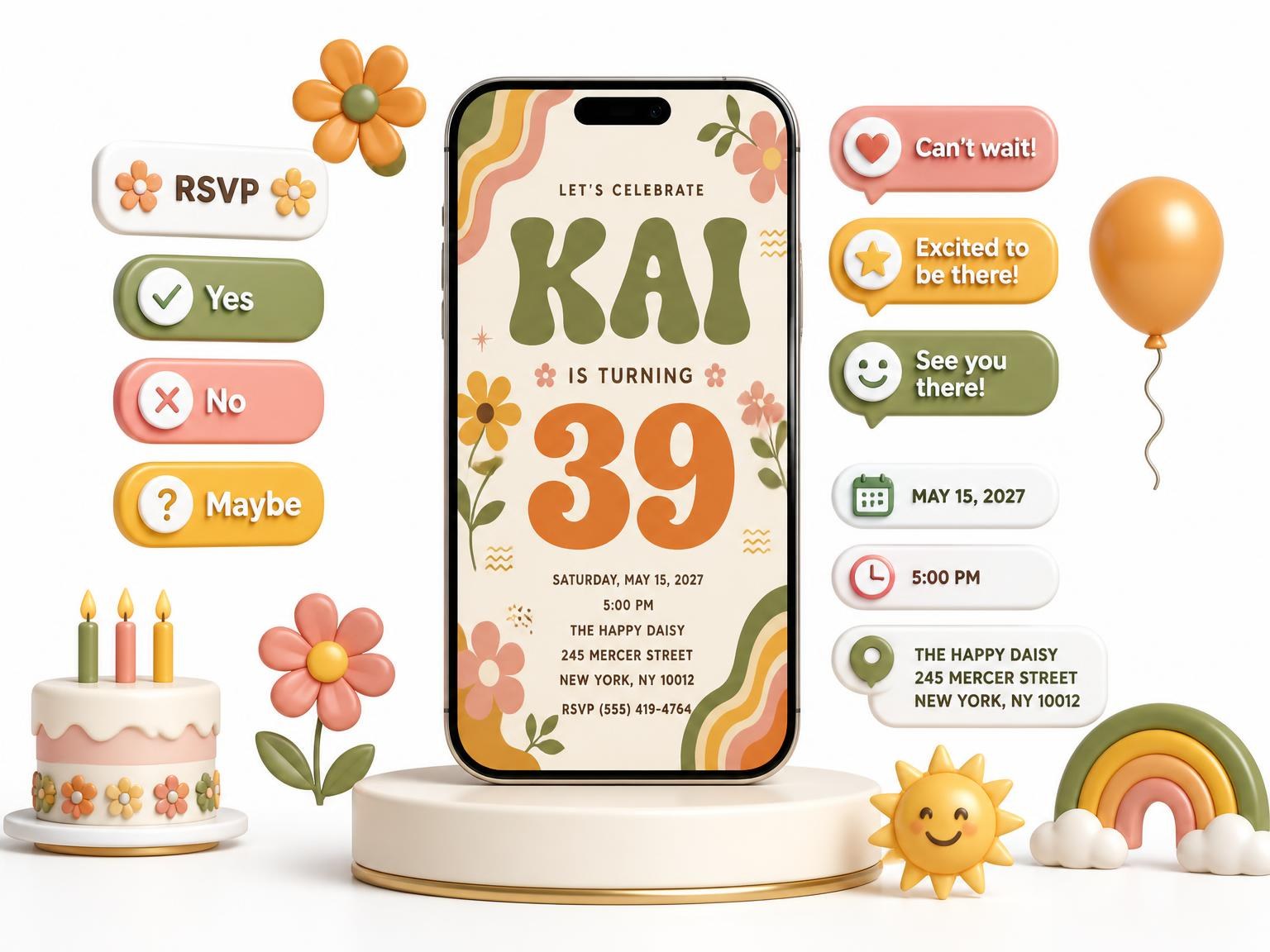 The Groovy Retro 39th Birthday Invitation invitation on a phone, with guest RSVPs arriving around it