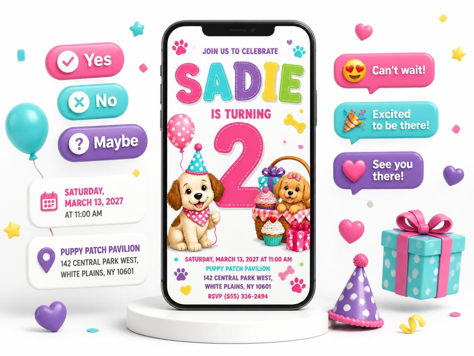 The Puppy Stitched 2nd Birthday Invitation invitation on a phone, with guest RSVPs arriving around it