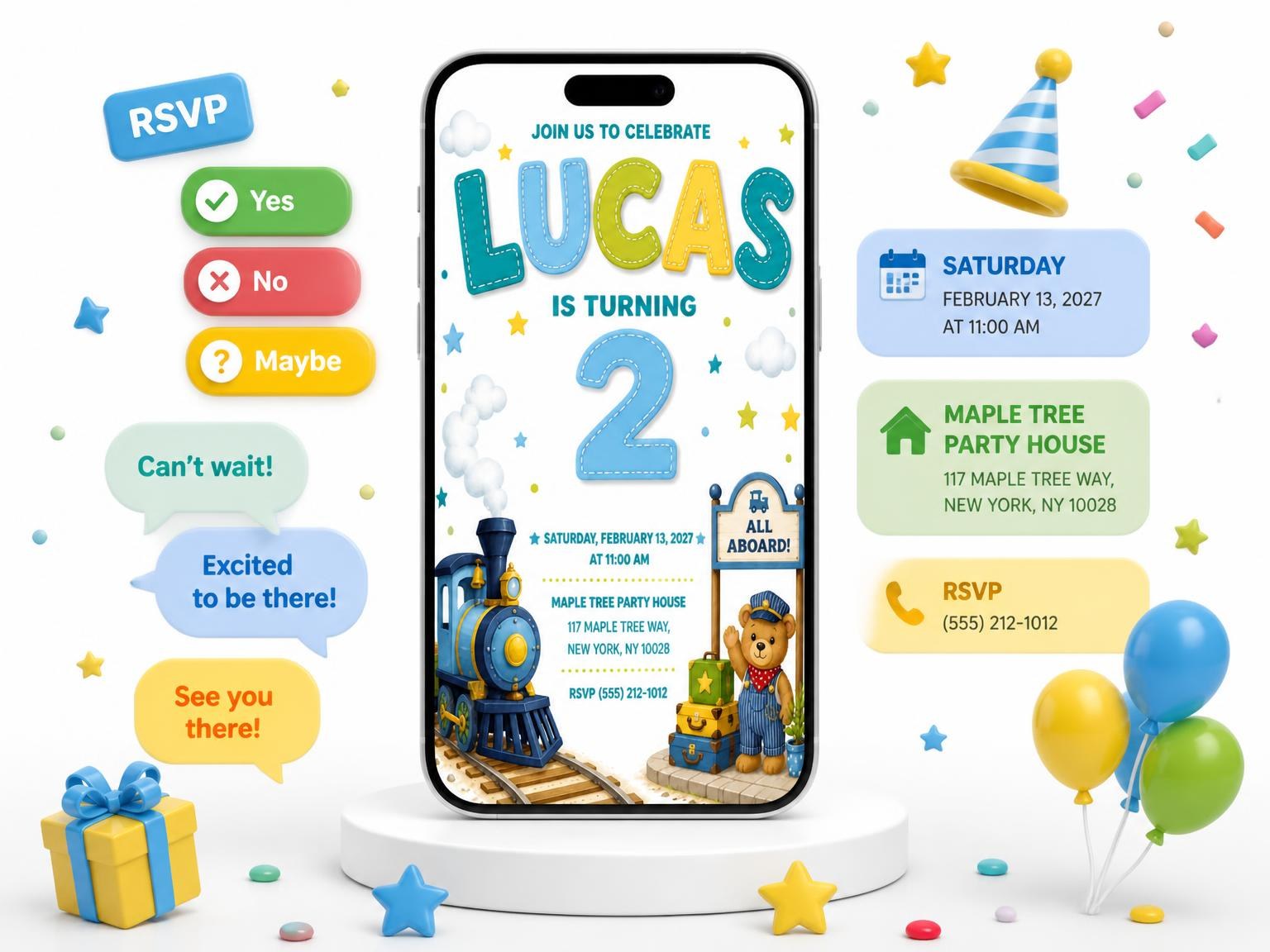 The Stitched Train Station 2nd Birthday Invitation invitation on a phone, with guest RSVPs arriving around it